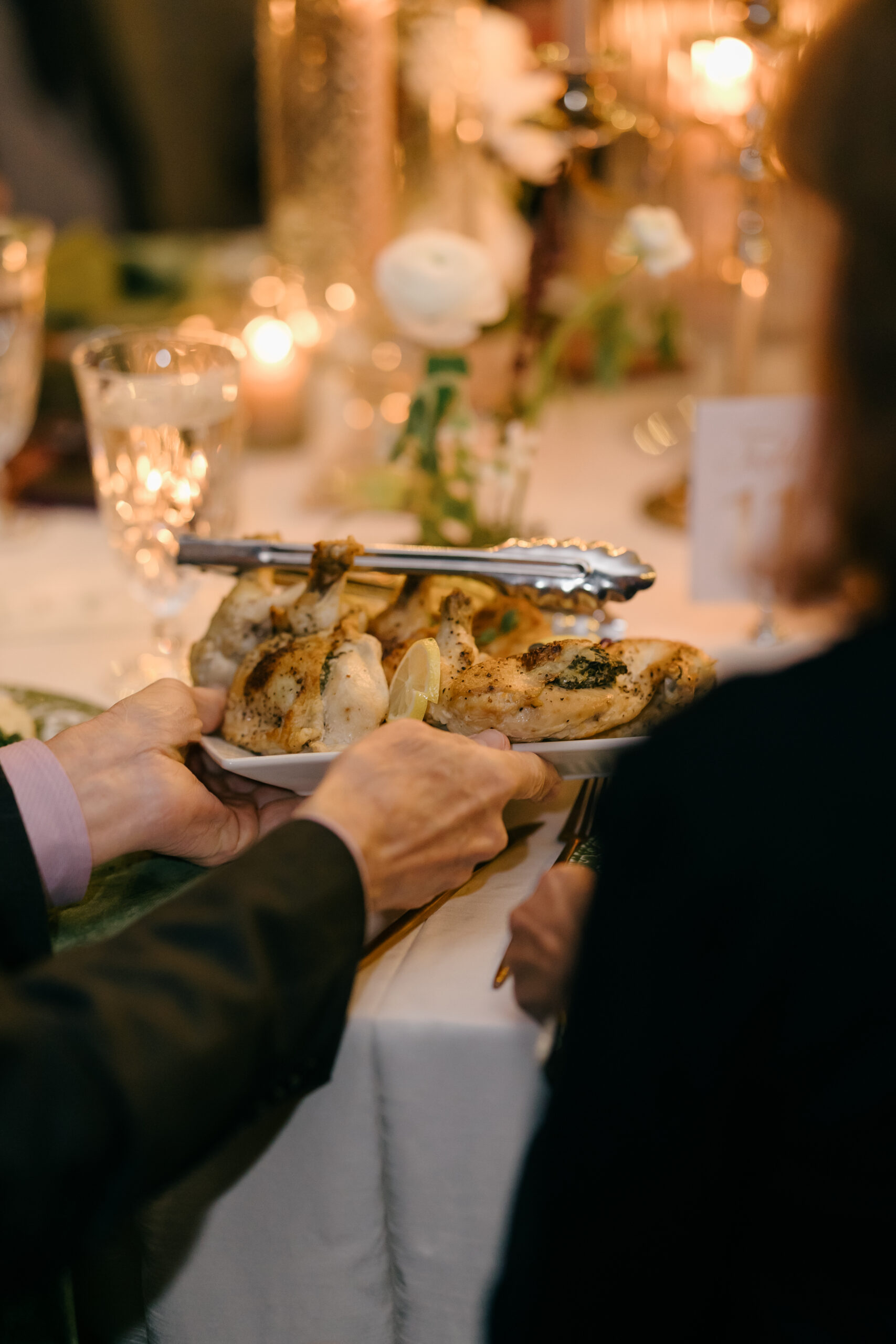 Family style dining, wedding reception dinner