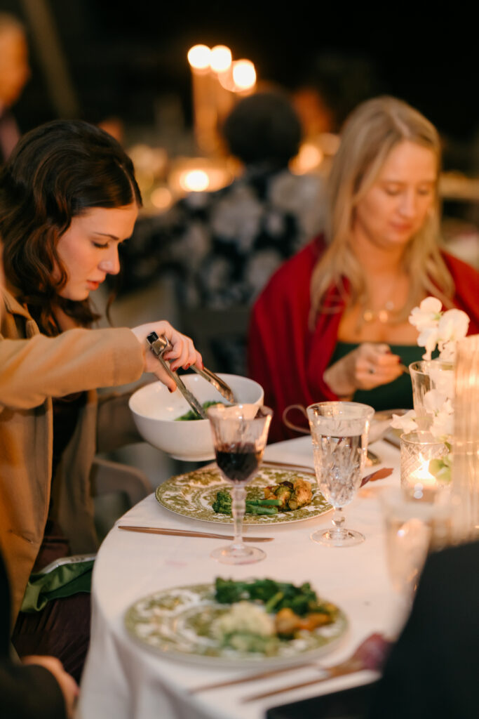 Family style dining, wedding reception dinner