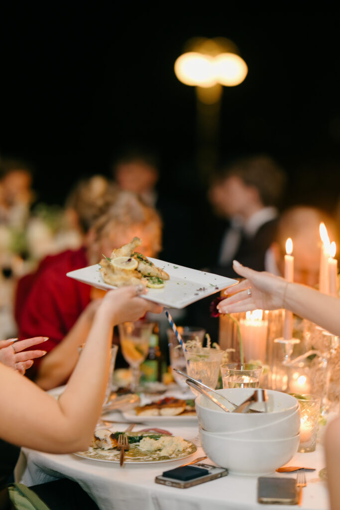 Family style dining, wedding reception dinner