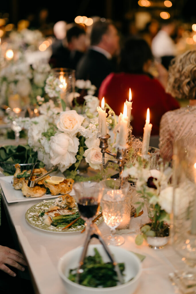 Family style dining, wedding reception dinner