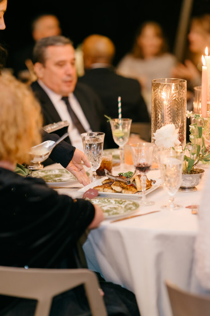 Family style dining, wedding reception dinner